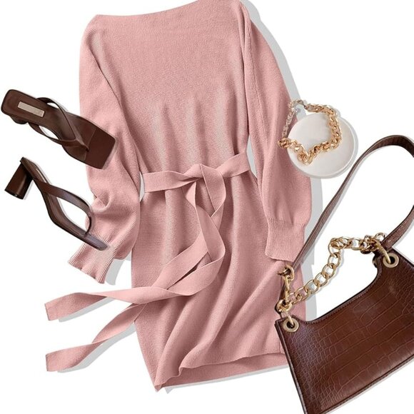 Pink Preppy Women's Asymmetrical Neck Batwing Sleeve Belted Sweater Dress